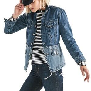 LUCKY BRAND Remade Distressed Denim Waisted Trucker Jacket Raw Frayed Hem XS